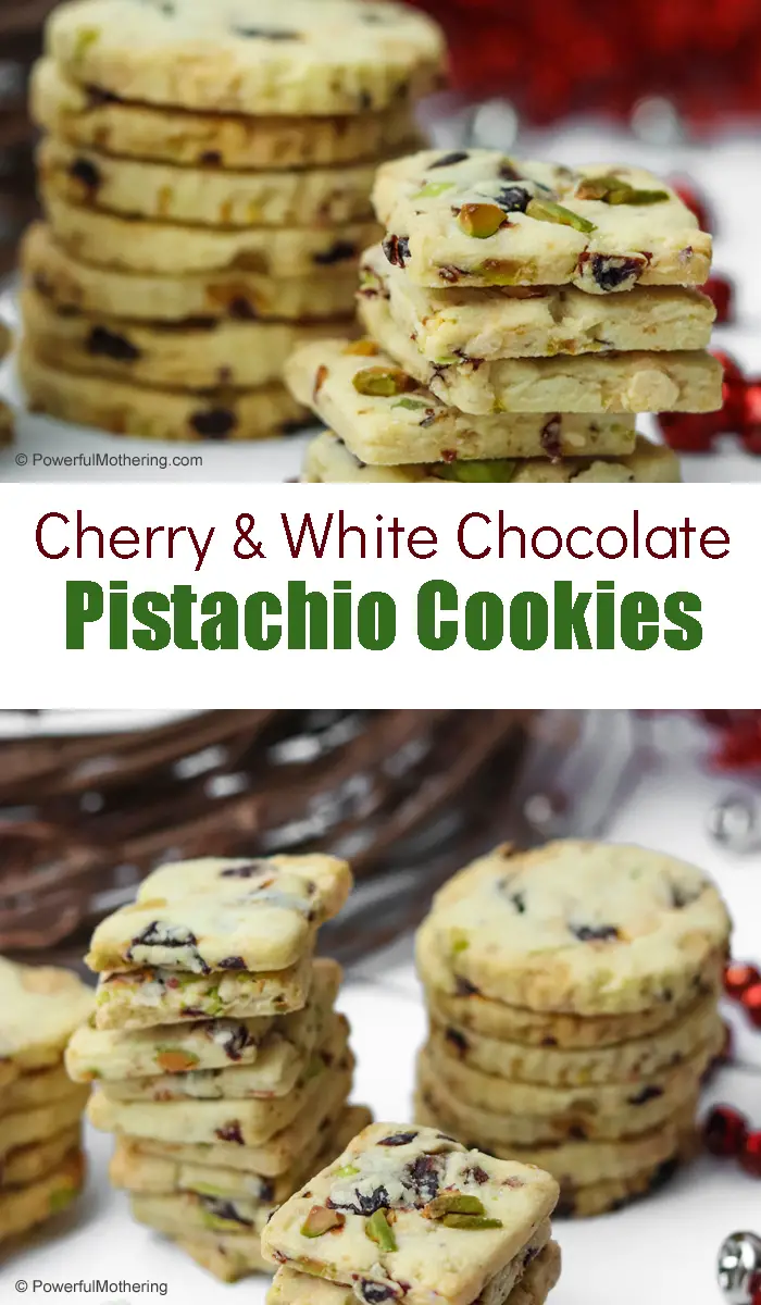 The perfect holiday cookie: Cherry and White Chocolate Pistachio Cookies. These are sweet, chewy, crunchy, melty plus sweet and salty. Everyone will love these cookies for Christmas! 