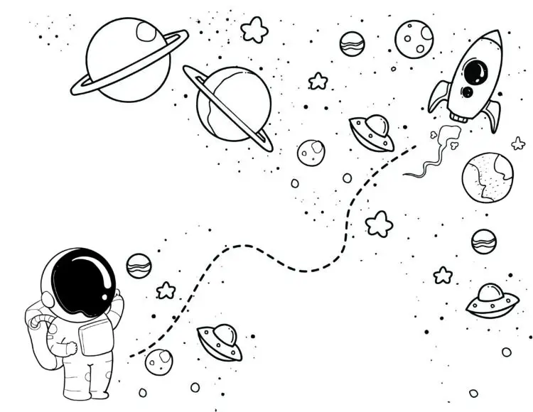 Simple Space printables for kids to trace and color. A fun way to strengthen prewriting skills.