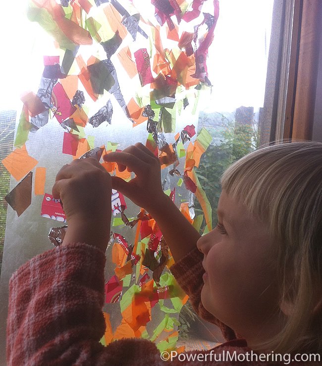 Recycled-items-on-contact-paper-kids-activities-window