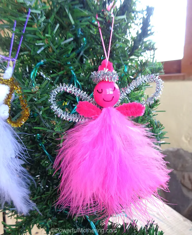kid made christmas ornament feather and pipe cleaner angel pink 