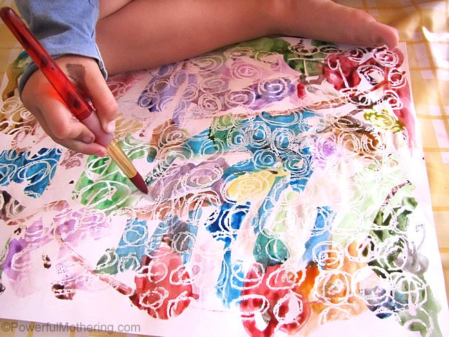 crayon resist spiral art paint brush