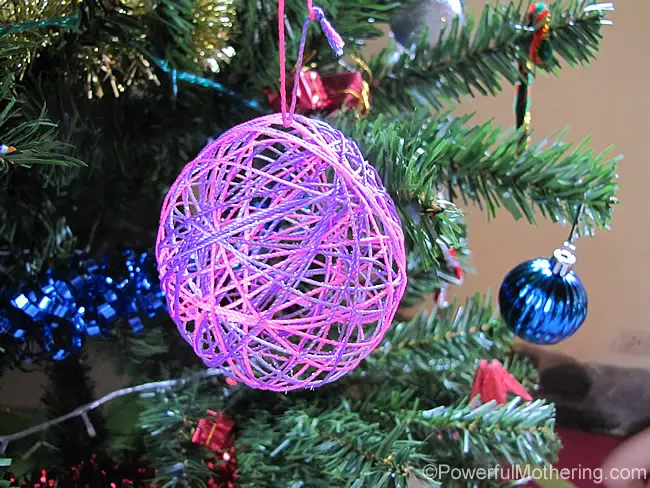 pink and purple yarn ball ornament